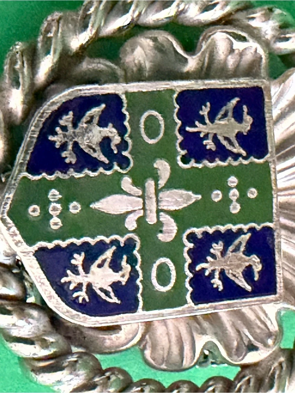 Vintage Heraldic Chatelaine double pin Brooch Silver-tone Green and Blue Enamel